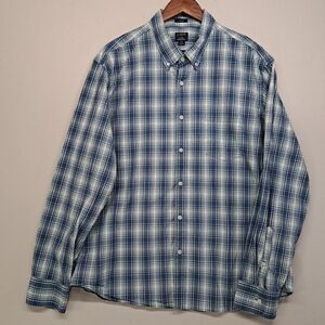 J. Crew Flex Washed Slim Button Down Shirt XXL Blue White Plaid Stretch 2XL